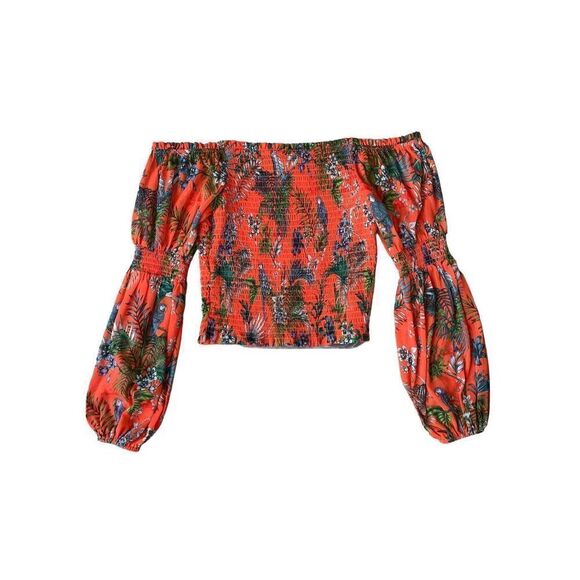 L'AGENCE Cece Smocked Top In Orange Multi Parrot - Picture 8 of 14